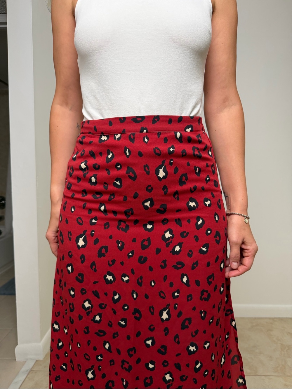 The Good Jane Red Leopard Print Midi Skirt Size S Side Slit